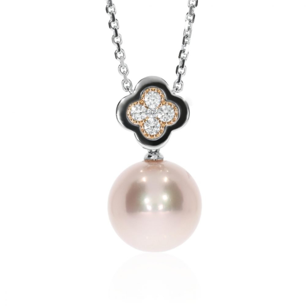 Lustrous Pink Pearl and Diamond Rose and White Gold Pendant Face