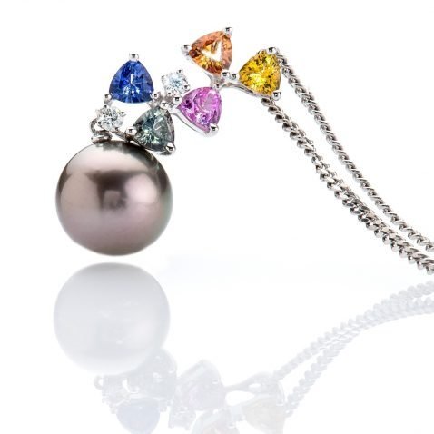 Multi-Coloured Sapphires, Diamond and Tahitian Pearl Pendant By Heidi Kjeldsen Jewellery P1026 Standing