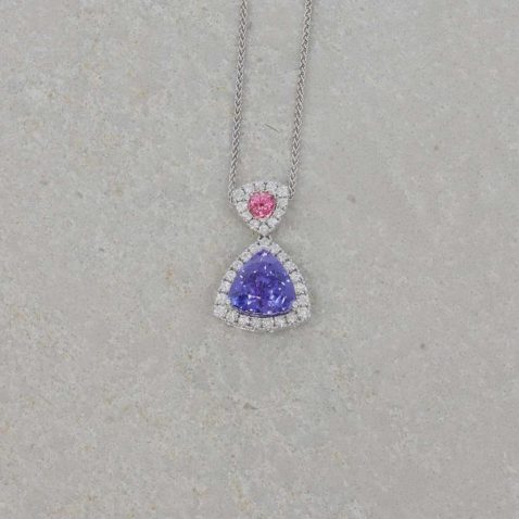 Heidi Kjeldsen Glorious Tanzanite Pink Sapphire and Diamond Trillion Pendant in 18ct P1063 Still