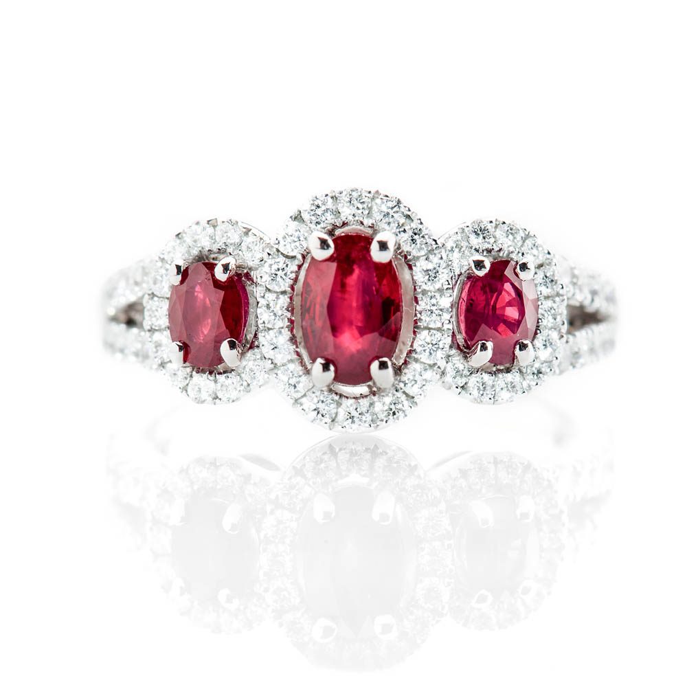 Heidi Kjeldsen Sumptuous Deep Red Natural Ruby Brillant Cut Diamond And Gold Triple Cluster Engagement Or Dress Ring - R1202 Front
