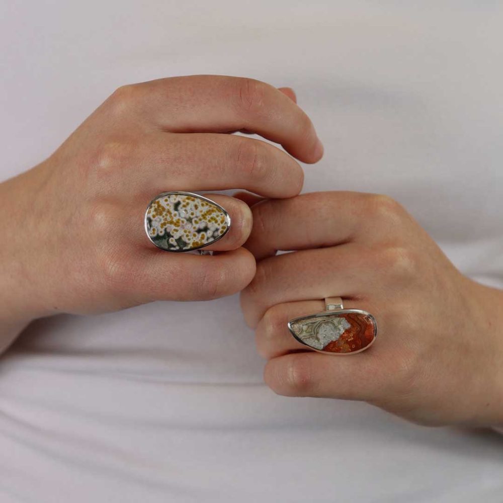 Elegant Mexican Crazy Lace Agate And Sterling Silver Drop Shaped Ring - Heidi Kjeldsen Jewellery - R1212 Model