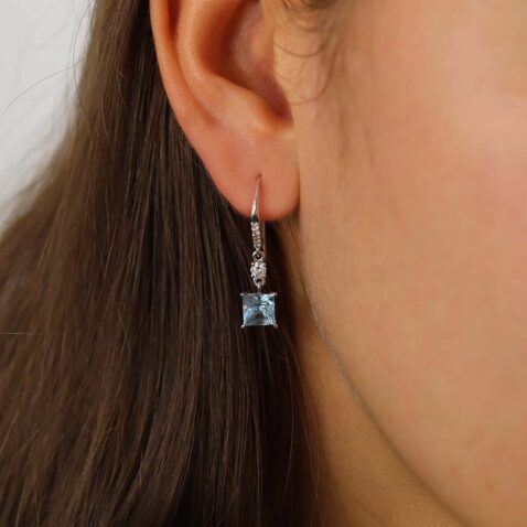 Asta Square Aquamarine Diamond drop Earrings Heidi Kjeldsen Jewellery ER2440 model