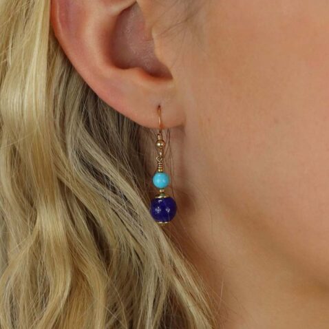 Birgit Turquoise and Lapis Lazuli Drop Earrings Heidi Kjeldsen jewellery ER4752 model (1) (1)