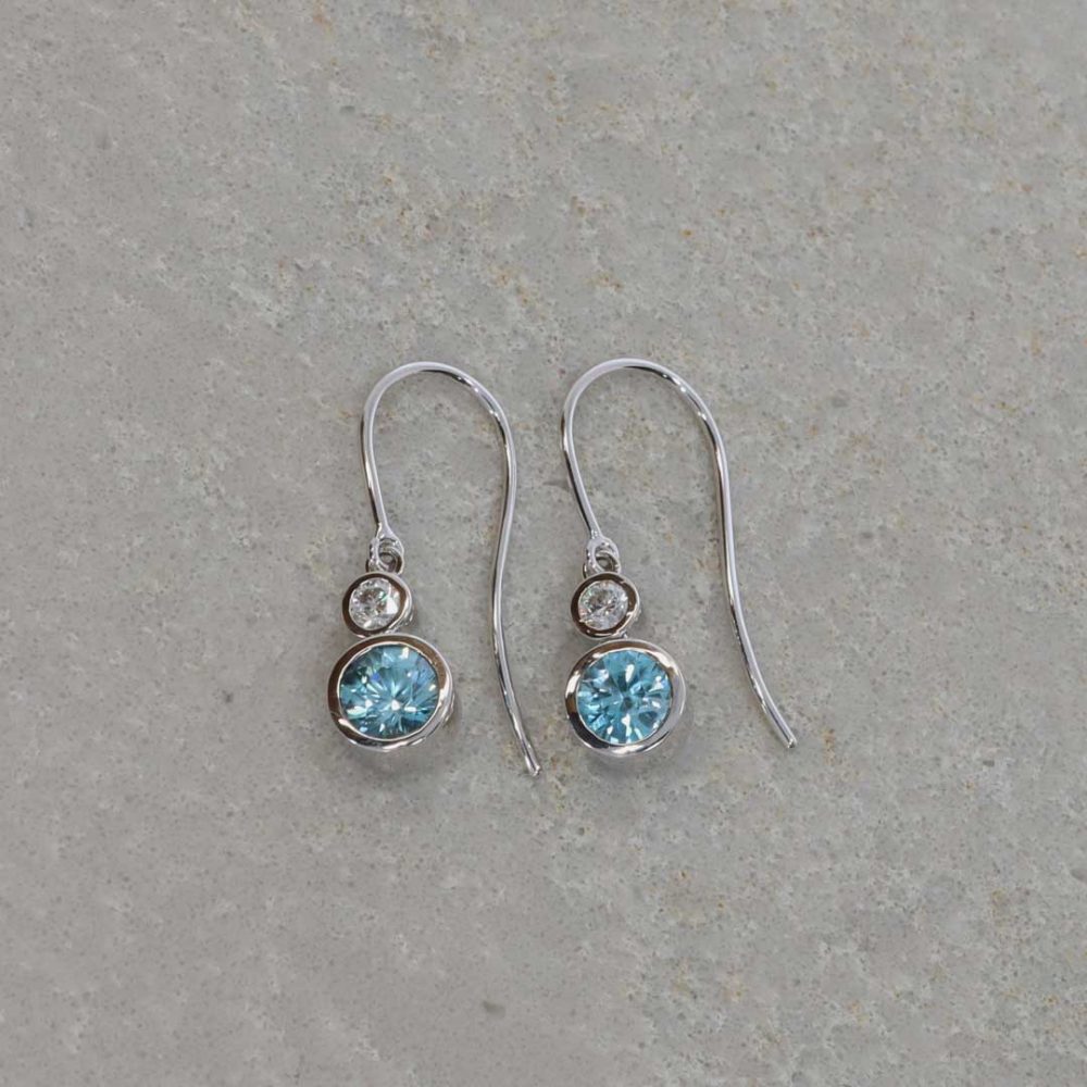 Blue Zircon and Diamond drop earrings by Heidi Kjeldsen Jewellery ER2079 Model