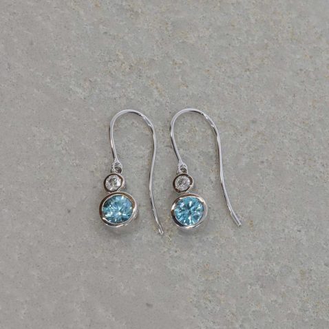Blue Zircon and Diamond drop earrings by Heidi Kjeldsen Jewellery ER2079 Model