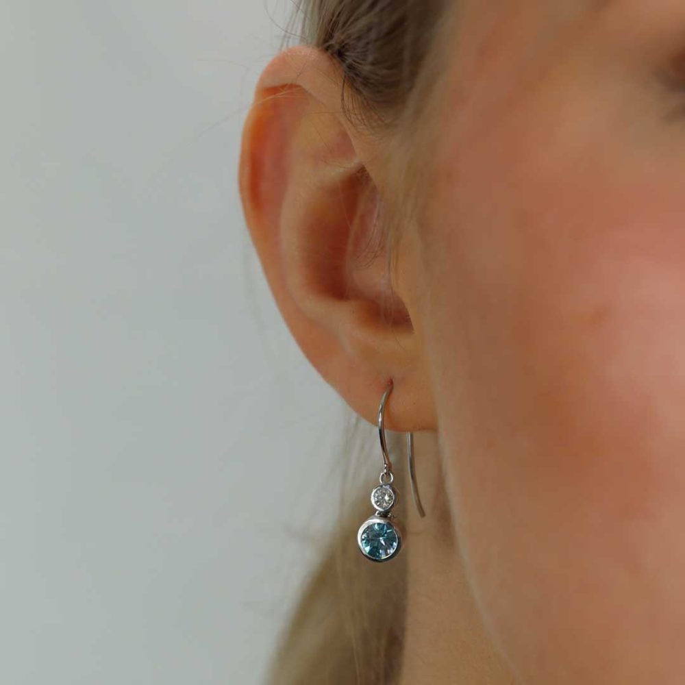Blue Zircon and Diamond drop earrings by Heidi Kjeldsen Jewellery ER2437 Model