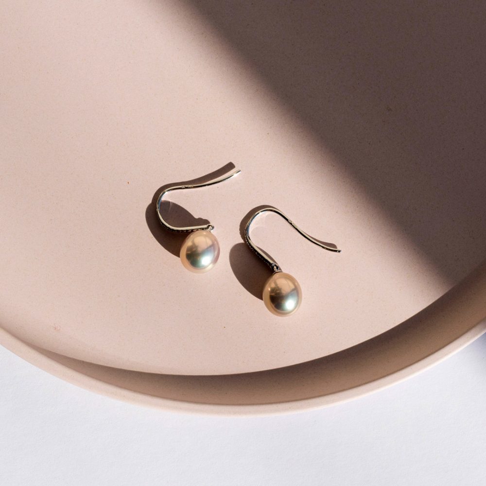 Pink Cultured Pearl and Diamond Drop Earrings By Heidi Kjeldsen Jewellery Still