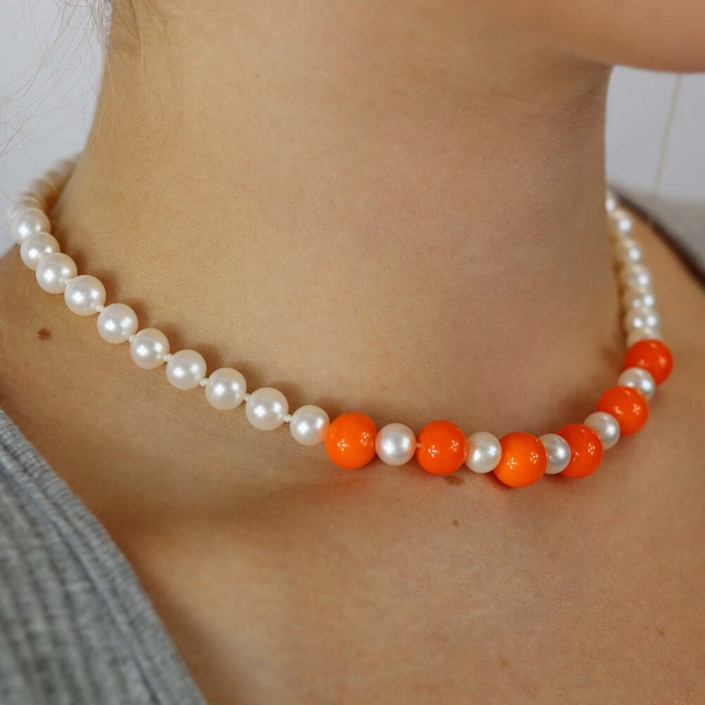 Orange Murano Glass Cultured Pearl Necklace By Heidi Kjeldsen Jewellery NL1220 Model