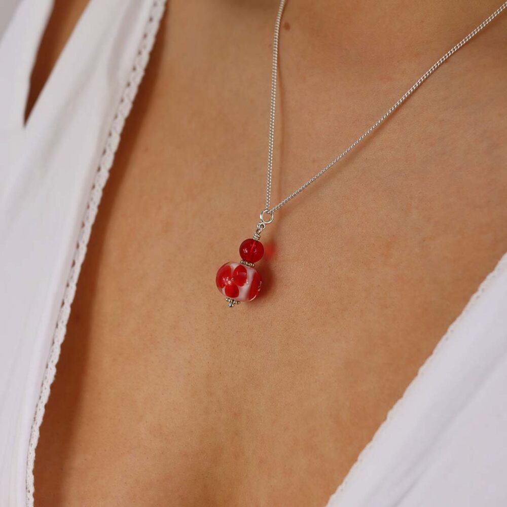 Heidi Red and White Floral Glass Pendant Heidi Kjeldsen Jewellers P1328