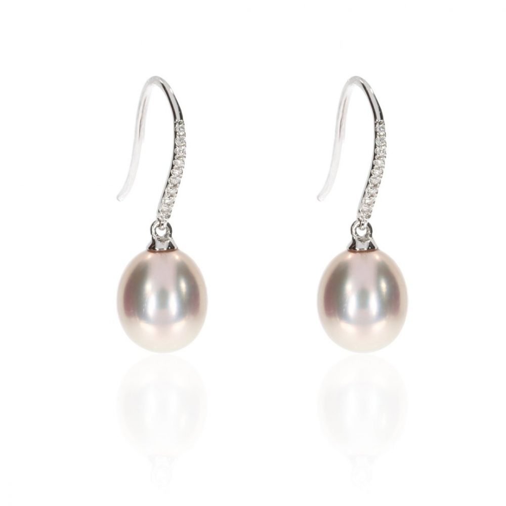 Pink Cultured Pearl and Diamond Drop Earrings By Heidi Kjeldsen Jewellery Front View