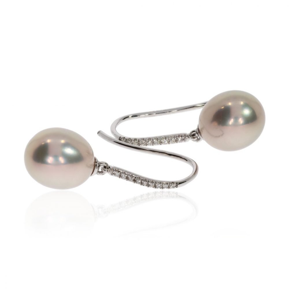 Pink Cultured Pearl and Diamond Drop Earrings By Heidi Kjeldsen Jewellery Side View