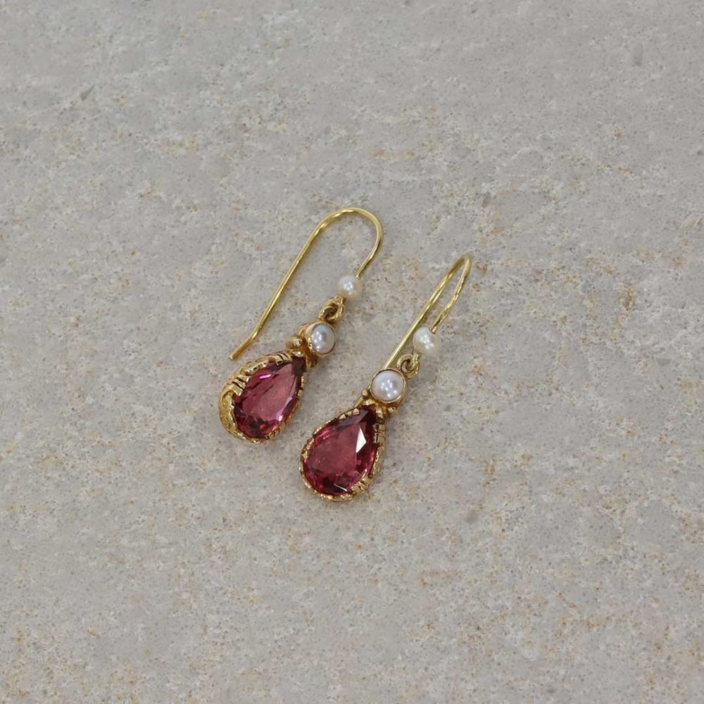 Pink Tourmaline and Cultured Pearl Drop Earrings By Heidi Kjeldsen Jewellery ER2374 still