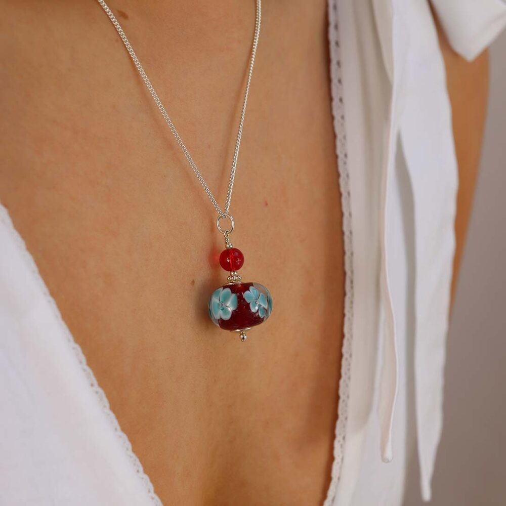 Heidi Blue Red Floral Glass Pendant Heidi Kjeldsen Jewellers P1344