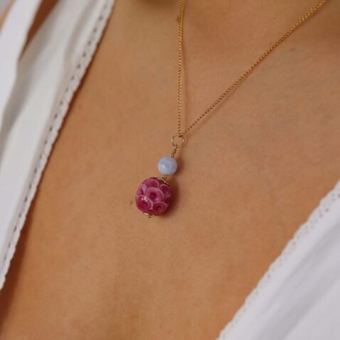 Heidi Raspberry Pink Glass and Cultured Pearl Pendant Heidi Kjeldsen Jewellers P1355
