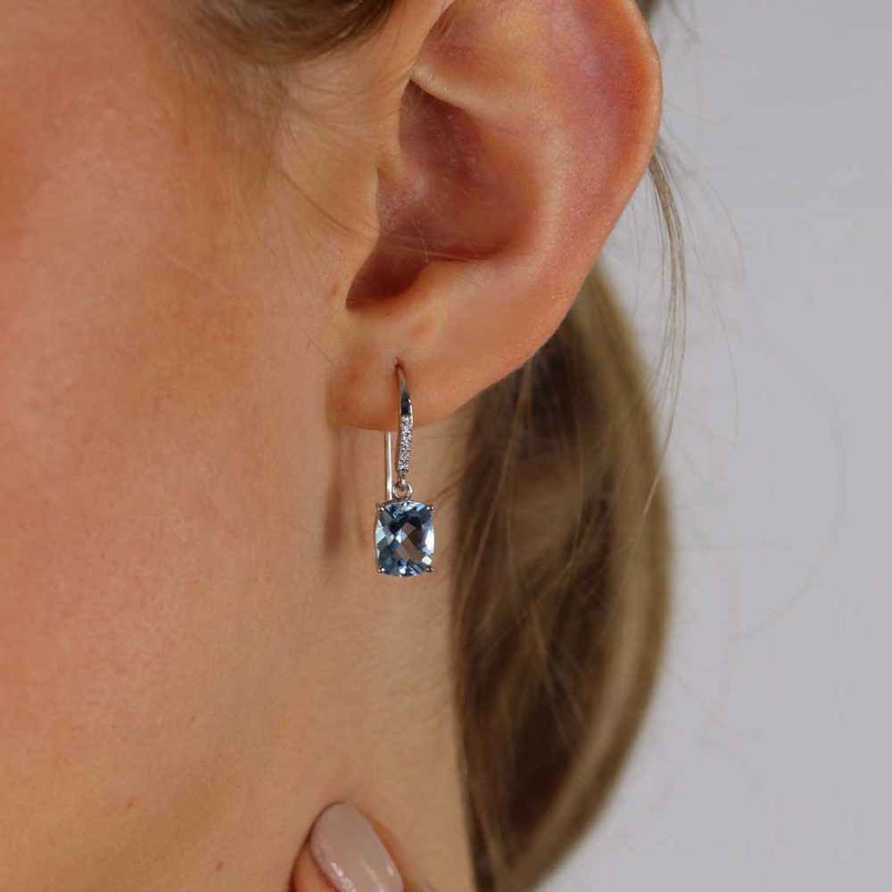 Deep Blue Aquamarine and Diamond drop earrings by Heidi Kjeldsen ER2439 model