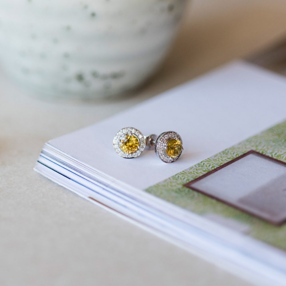 Stunning Burmese Sphene and Diamond Cluster Earrings by Heidi Kjeldsen Jewellery ER2378 still