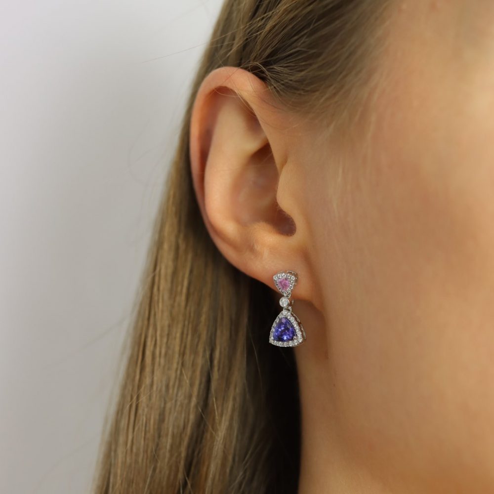 Tanzanite and Pink Sapphire Drop Earrings By Heidi Kjeldsen Jewellery ER2382 Model 1