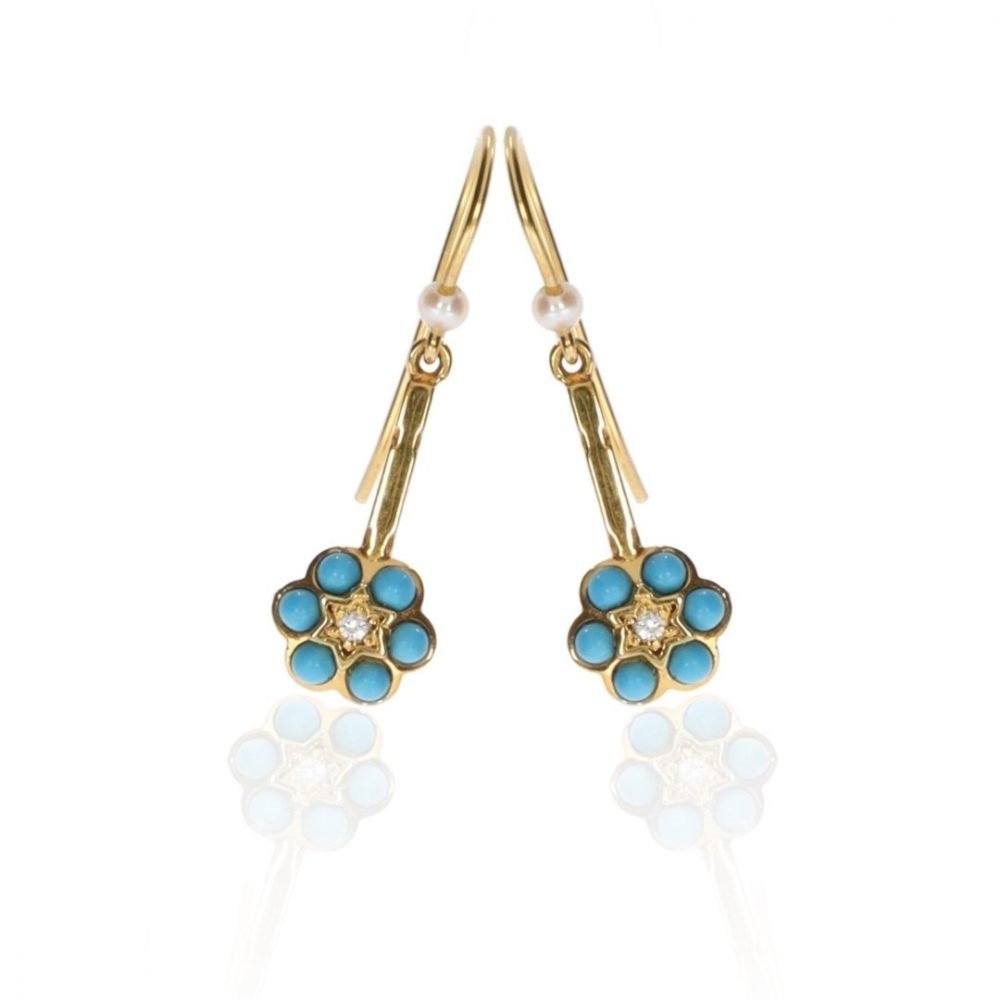 Beautiful Handmade Diamond, Turquoise and Cultured Pearl Drop Earrings By Heidi Kjeldsen Jewellery ER1060 Tilt