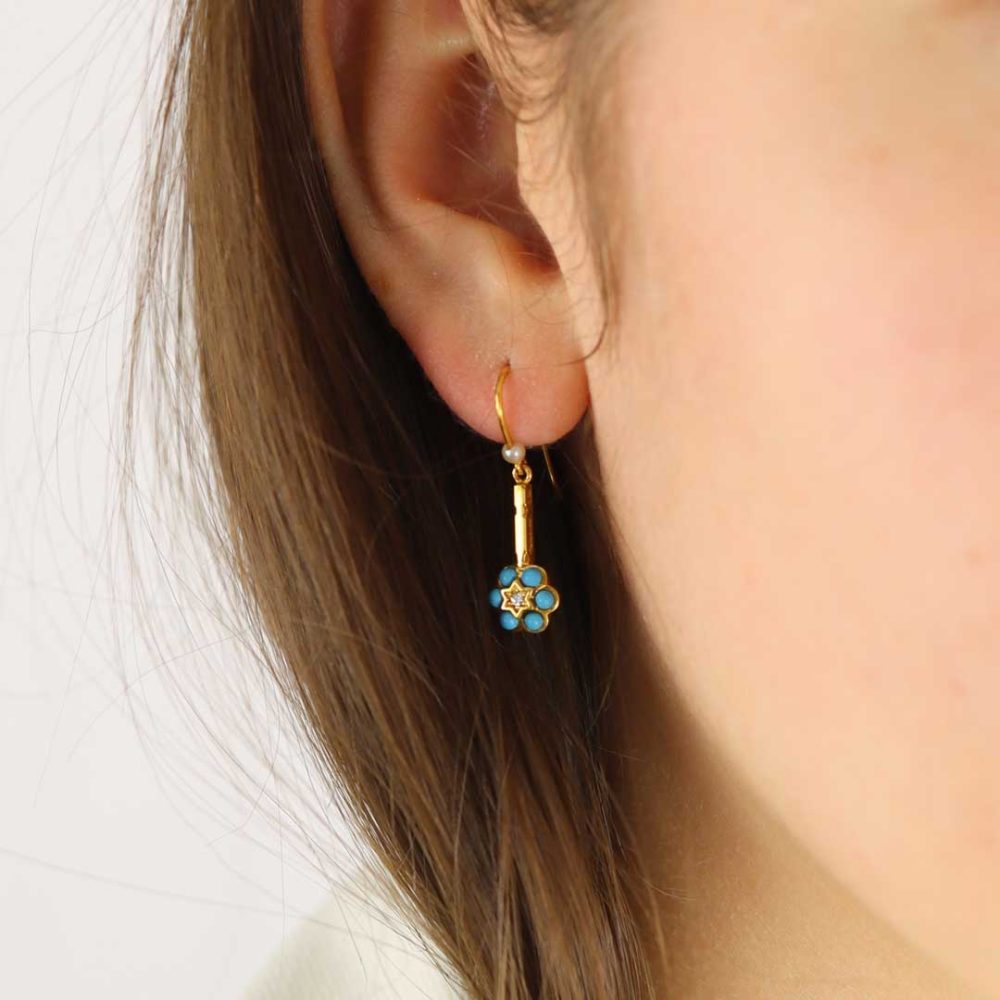 Beautiful Handmade Diamond, Turquoise and Cultured Pearl Drop Earrings By Heidi Kjeldsen Jewellery ER1060 model