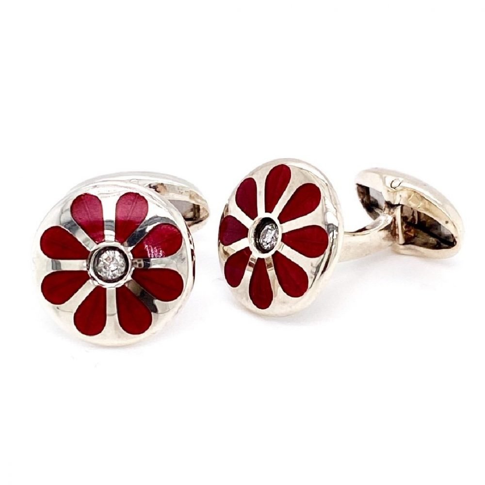 Diamond and cerise floral cufflinks by Heidi Kjeldsen jewellery side view CL0230