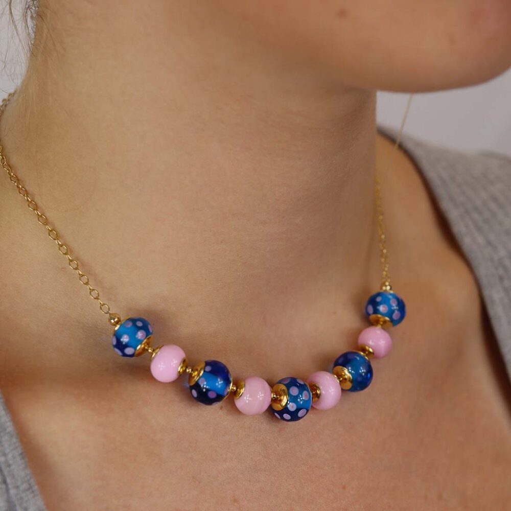 Pink Blue Spot Murano Glass Gold Filled Necklace Heidi Kjeldsen Jewellery NL1274 Model