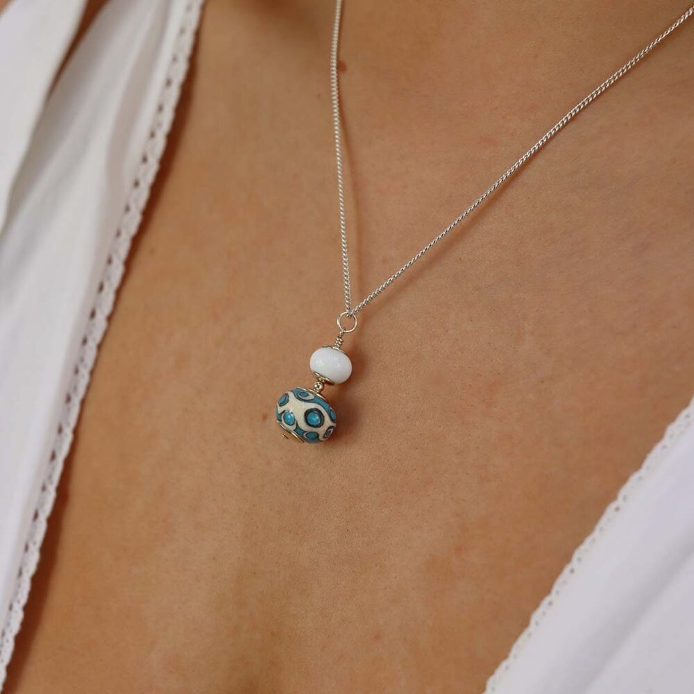 Heidi Handmade White and Turquoise Glass Pendant Heidi Kjeldsen Jewellers P1420