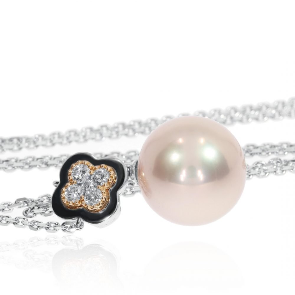 Lustrous Pink Pearl and Diamond Rose and White Gold Pendant Side
