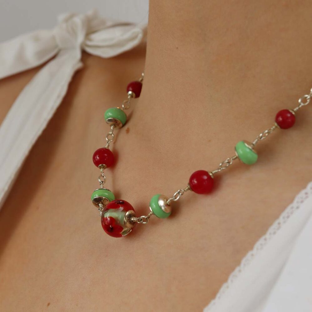 Heidi Red Agate and Floral Glass Necklace Heidi Kjeldsen Jewellers NL1290