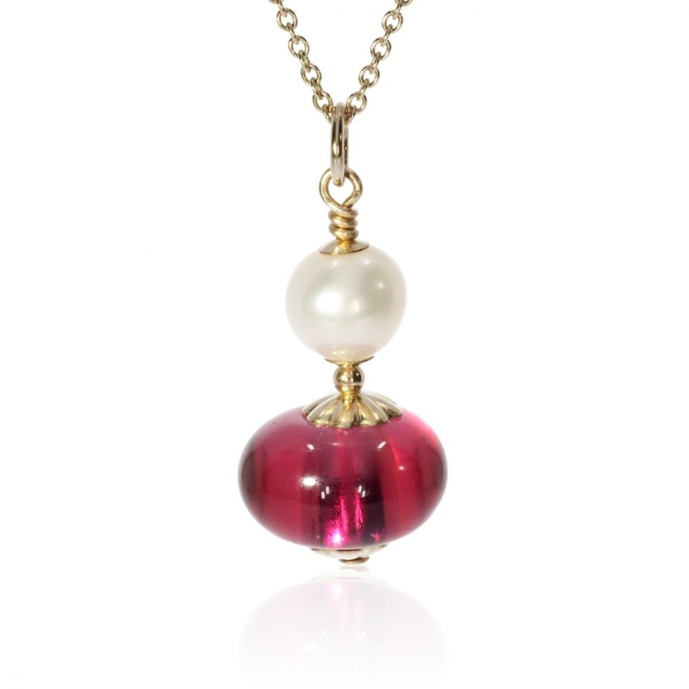 Cerise Pink and Pearl Murano Glass Pendant By Heidi Kjeldsen Jewellery P1389 Front View