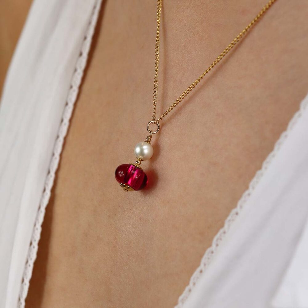 Heidi Cerise Pink and Pearl Glass Pendant Heidi Kjeldsen Jewellers P1398