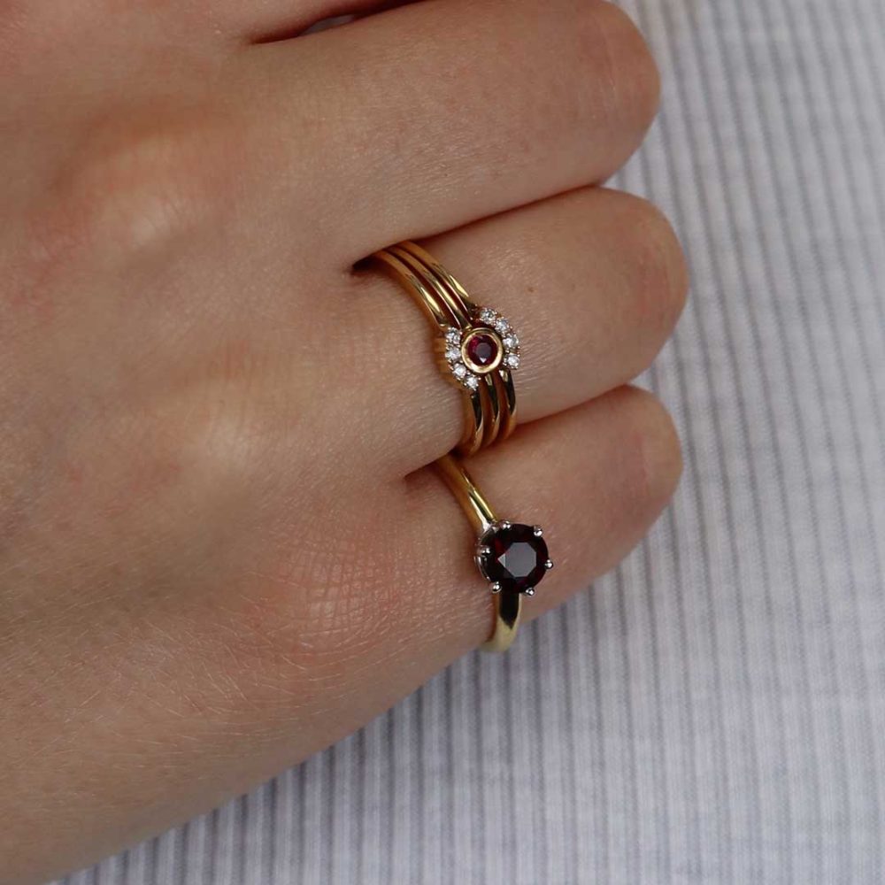 ruby and diamond triple band gold stacking rings by heidi kjeldsen jewellery