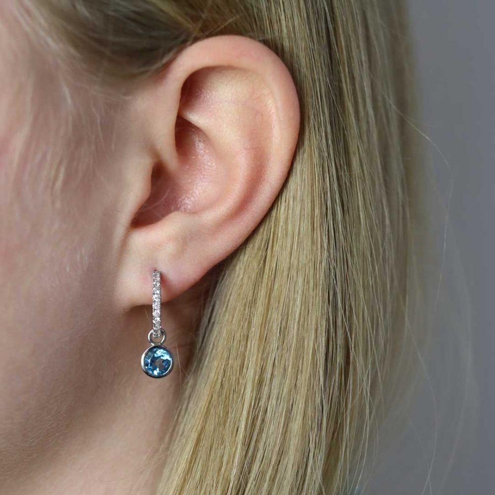Blue Topaz and Diamond Hooped Earrings With Interchangeable Blue Topaz Drop Earrings ER2558 By Heidi Kjeldsen Jewellers Model