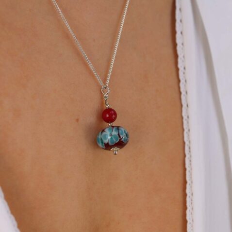 Heidi Blue and Red Floral Glass Pendant Heidi Kjeldsen Jewellers P1361