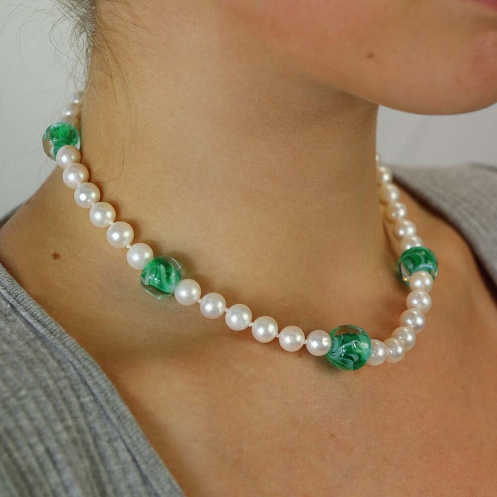 Green Murano Glass and Pearl Necklace By Heidi Kjeldsen Jewellery NL1311 Model