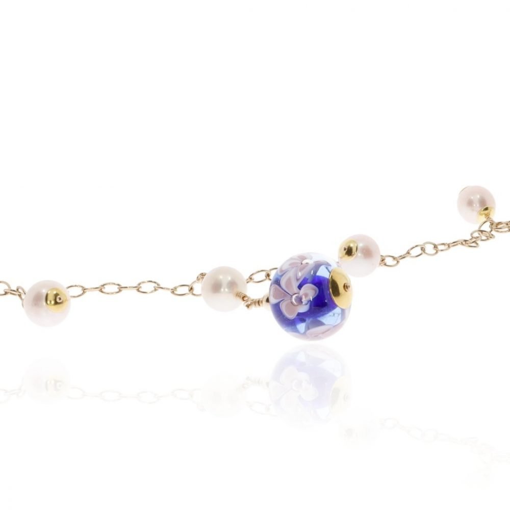 Cultured Pearl and Blue Floral Murano Glass Necklace By Heidi Kjeldsen Jewellery NL1308 Close up