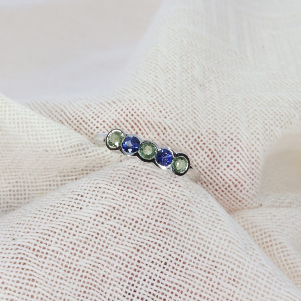Trine green and blue sapphire ring by heidi kjeldsen jewellery r1526 white