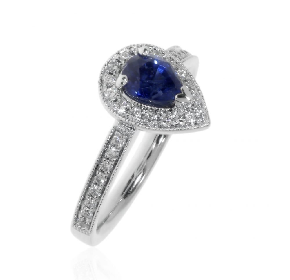 Pear Shaped Sapphire and Diamond Platinum Ring By Heidi Kjeldsen Jewellers R1681 Standing