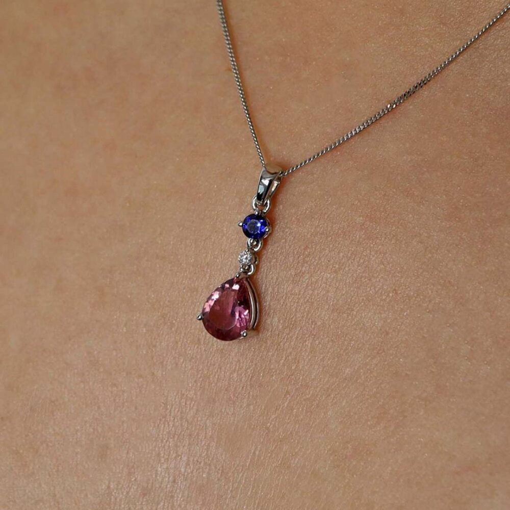Alma Pink Tourmaline and Sapphire and Diamond pendant by Heidi Kjeldsen Jewellery P1498 model
