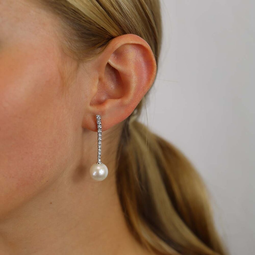 Diamond and Pearl Drop Earrings By Heidi Kjeldsen Jewellery ER2594 Model