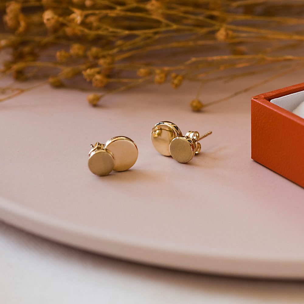 Gold double disc earrings Heidi Kjeldsen jewellers ER2609 still 1