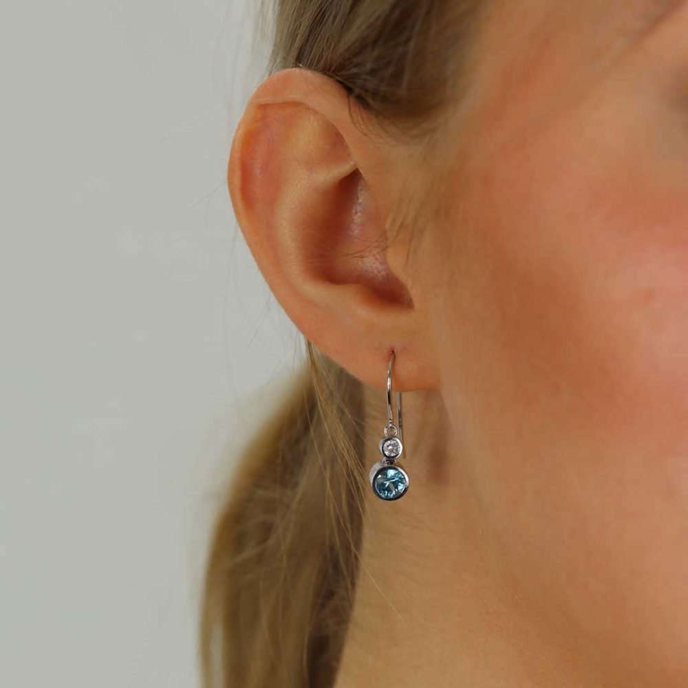 Blue Zircon and Diamond Earrings By Heidi Kjeldsen Jewellery ER2437 model
