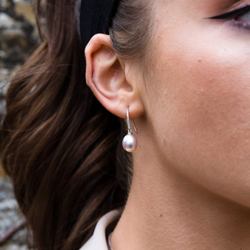 Pink Cultured Pearl and Diamond Drop Earrings By Heidi Kjeldsen Jewellery model