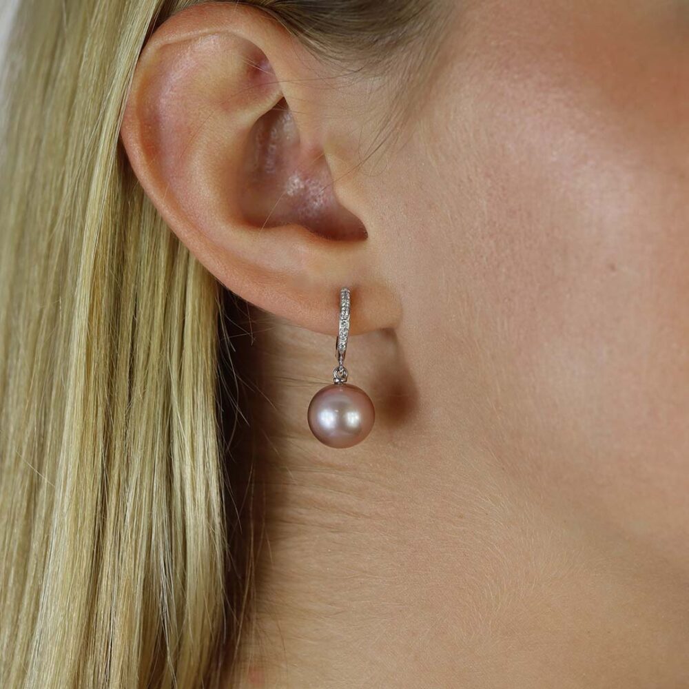 Pink Cultured Pearl and Diamond Gold Earrings Heidi Kjeldsen Jewellery ER4776 model