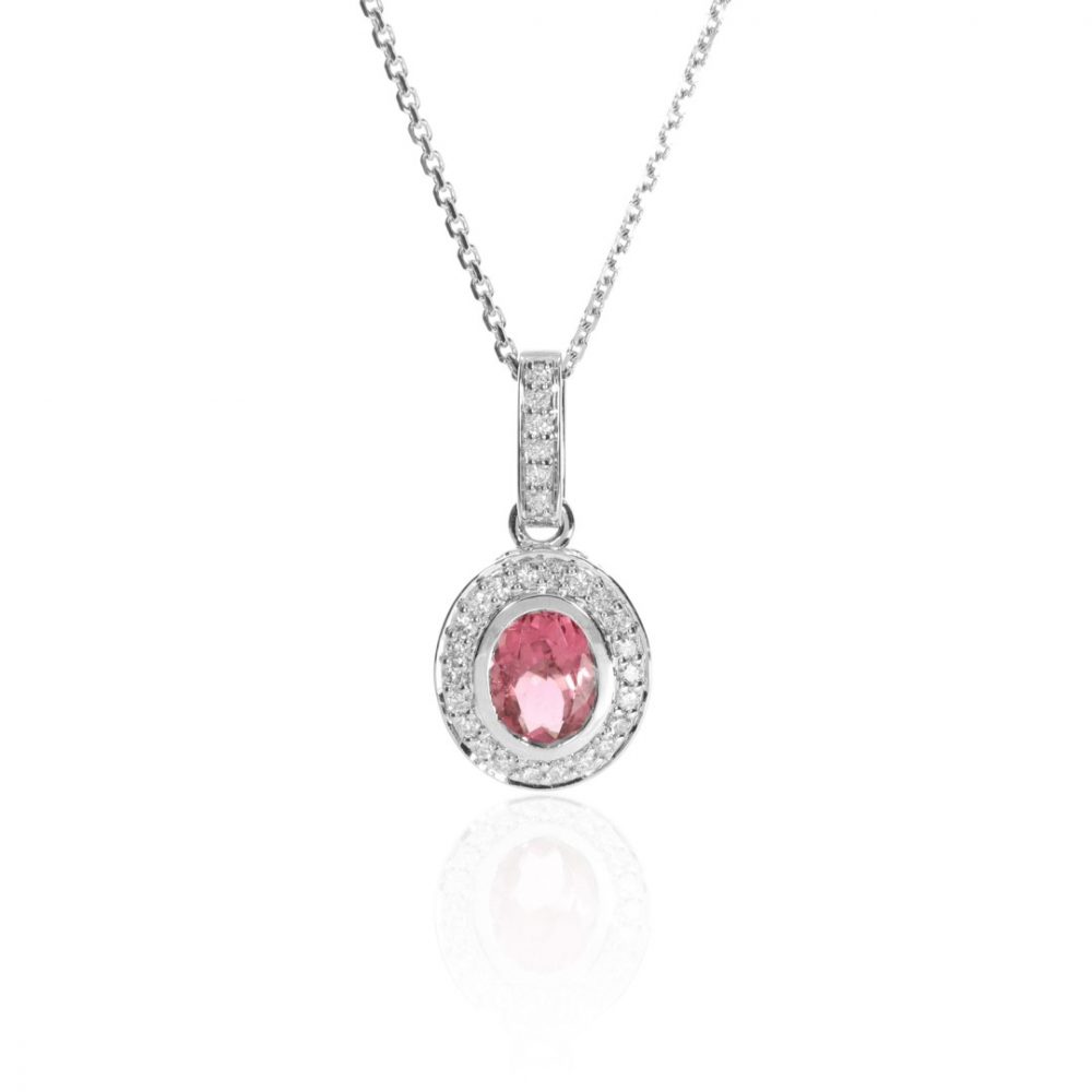 Pink Tourmaline and Diamond Cluster Pendant Heidi Kjeldsen Jewellery P1517 hanging
