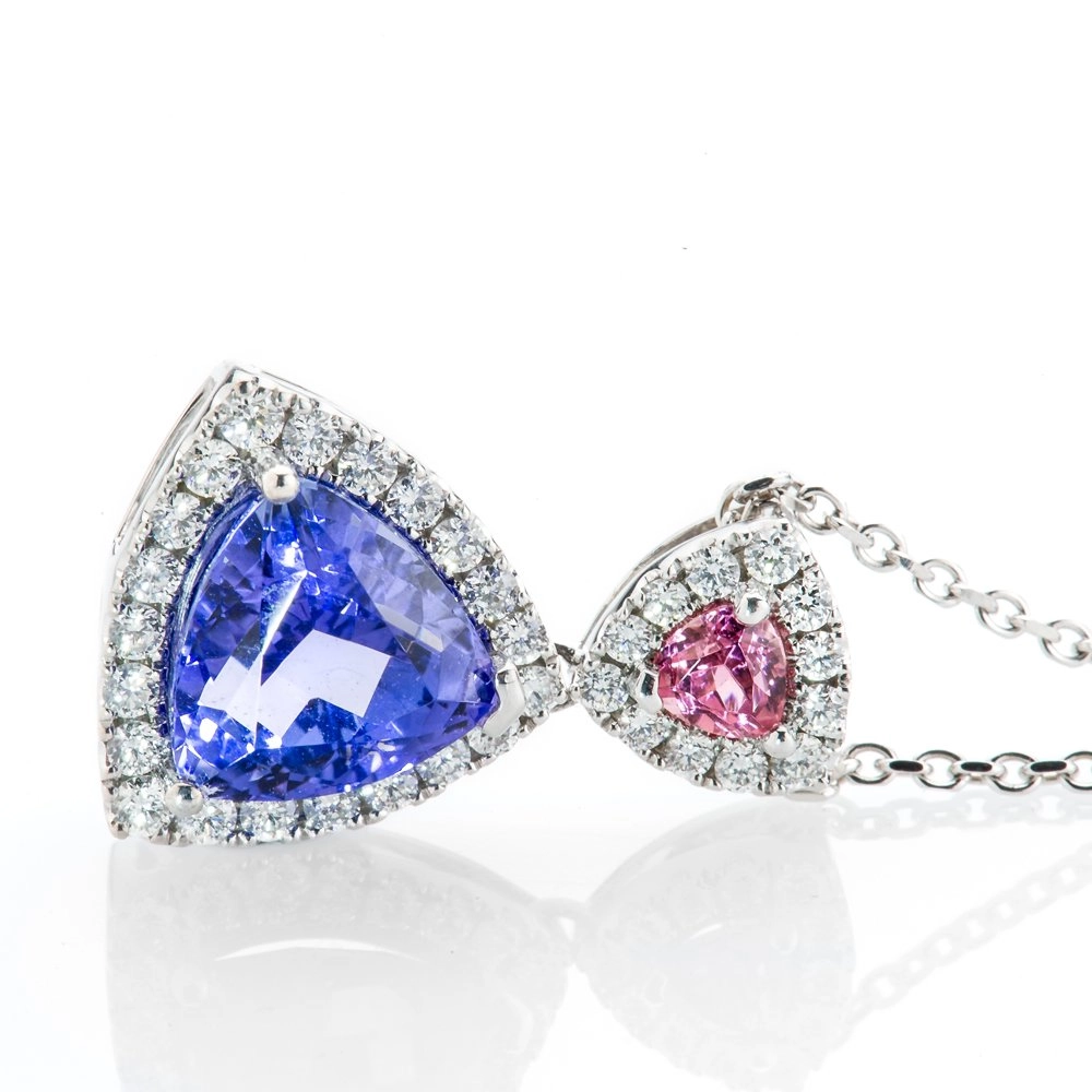 Heidi Kjeldsen Glorious Tanzanite Pink Sapphire and Diamond Trillion Pendant in 18ct P1063