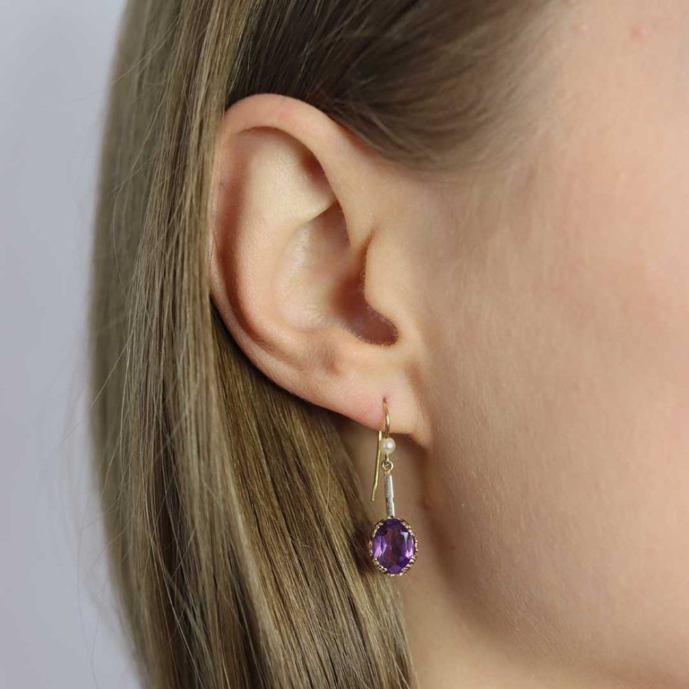 Viola Heidi Kjeldsen Stylish Deep Purple Natural Amethyst Cultured Pearls And Gold Drop Earrings - ER1602- model
