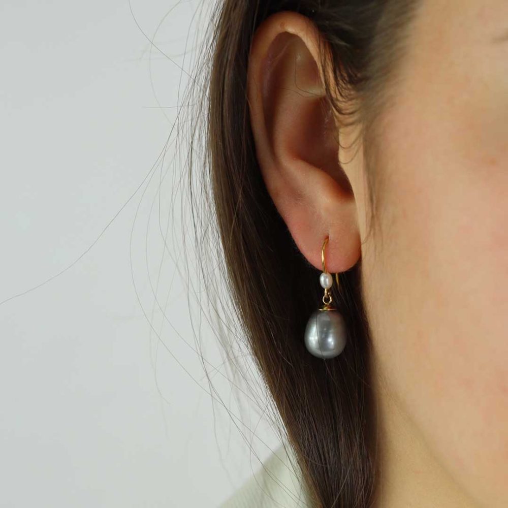 Grey and White Cultured Pearl large drop earrings by Heidi Kjeldsen jewellery ER2615 Model