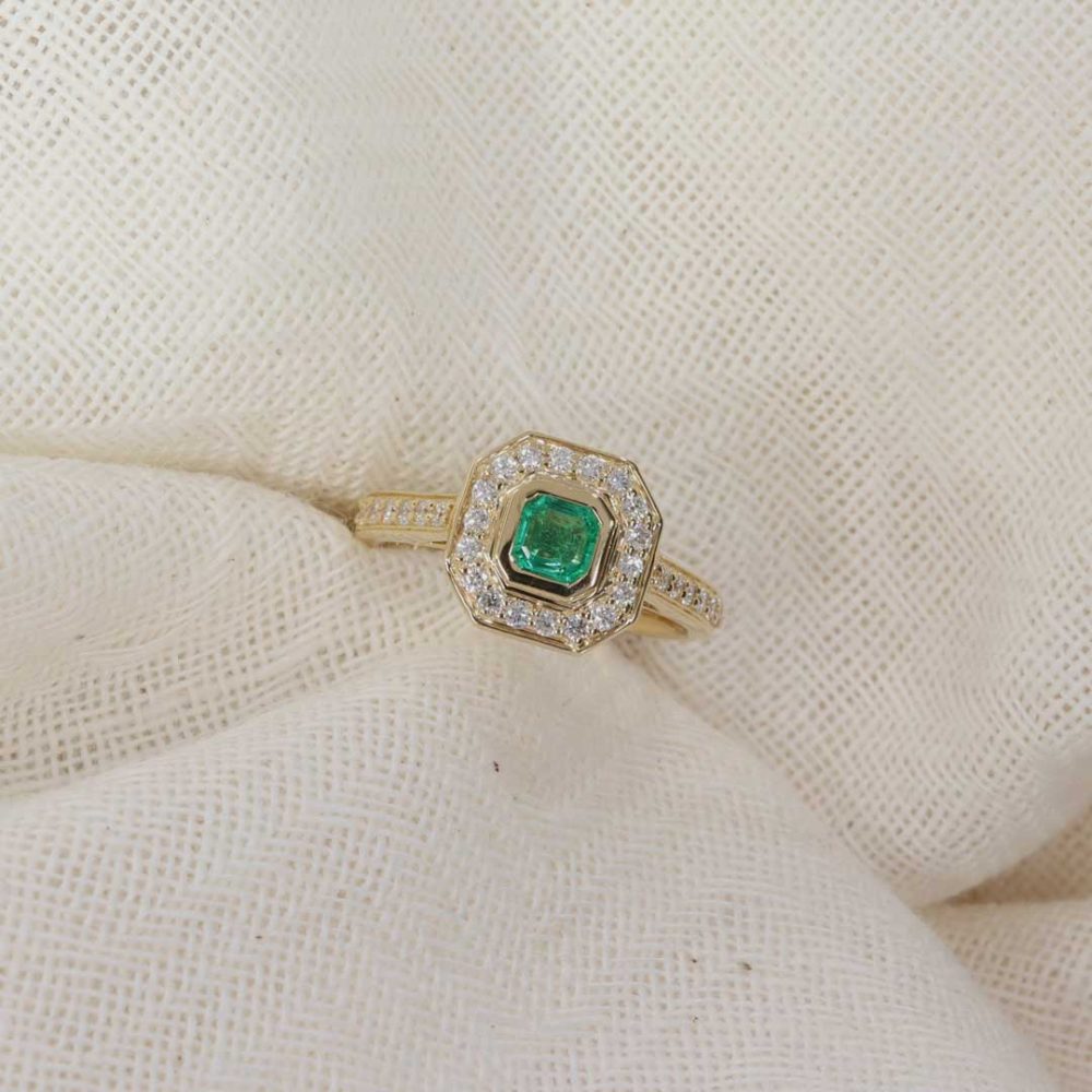 Jette Octagonal Emerald and Diamond cluster ring in 18ct yellow Gold R1816 still