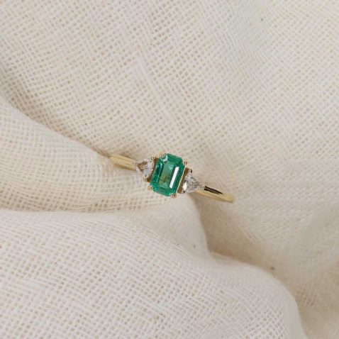 Jette Emerald and Diamond three stone ring in 18ct yellow Gold R1817 still