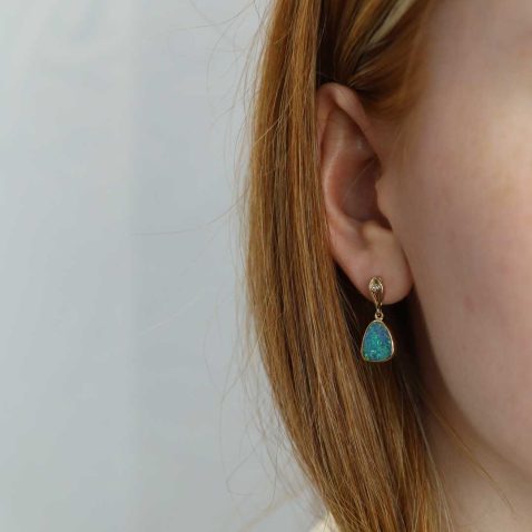Opal Doublet and Diamond Drop Earrings Heidi Kjeldsen Jewellery ER4847 model